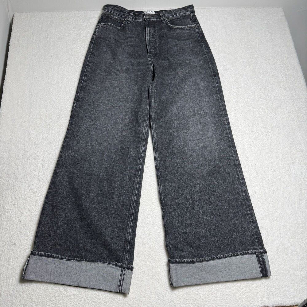 Agolde Womens Dame Jeans Size 29 Wide Leg Button Fly Ditch Black Cuffed